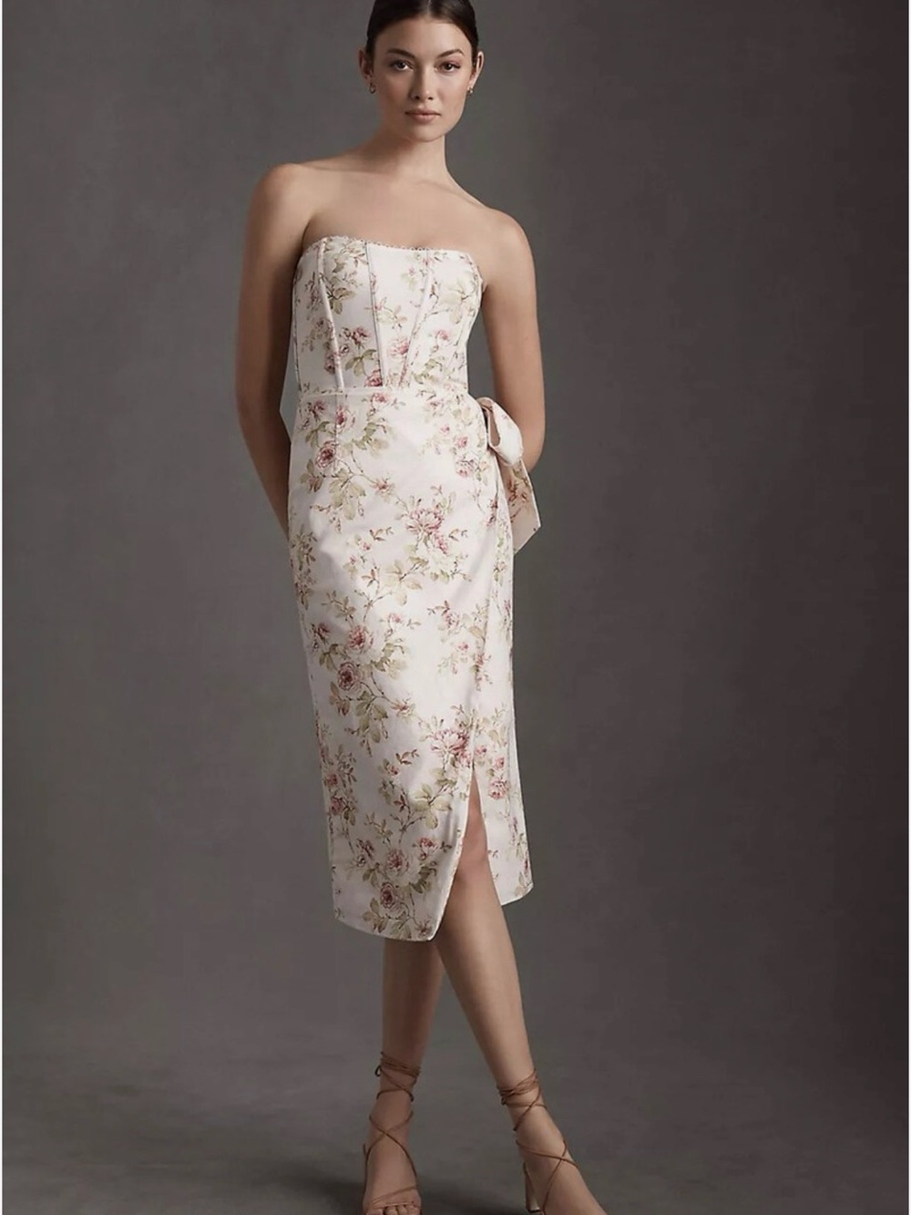 V. Chapman Strapless Floral Midi Dress in Ivory and Pink
